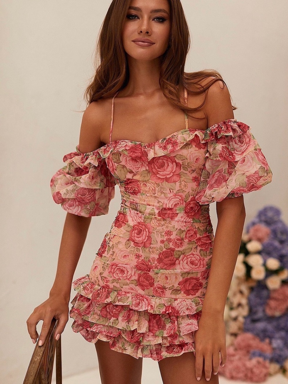 Alamour The Label Rose-Print Off-Shoulder Ruffle Mini Dress